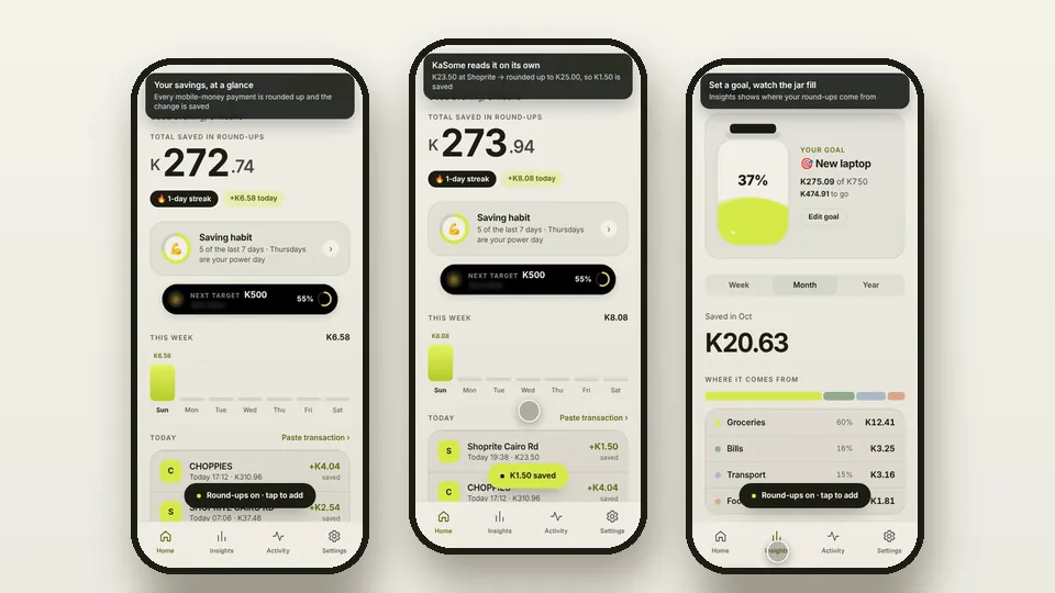 Three KaSomeFin screens: savings home, a round-up being read, and a savings goal